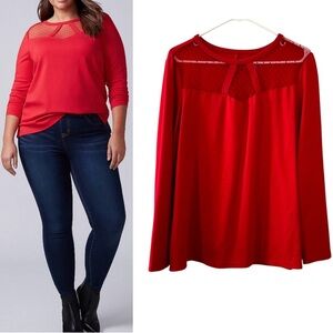 Lane Bryant Mesh Neckline long sleeve blouse top red stretch women’s 14/16